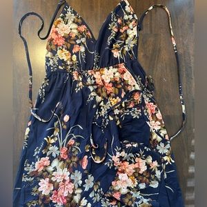 Navy floral print tie up dress